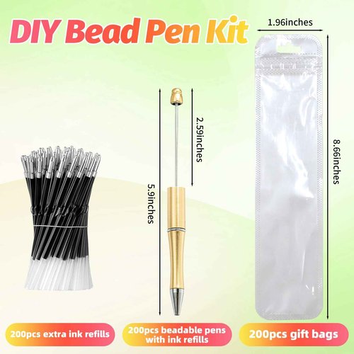 DASTTUIS 600 Pieces Beadable Pens - 200 Plastic Beadable Pens Bulk, Refills & Pen Bags Included - Beaded Pens Kit Cute Ballpoint Pens Black Ink - DIY Pens for Students & Teachers (Multicolor)