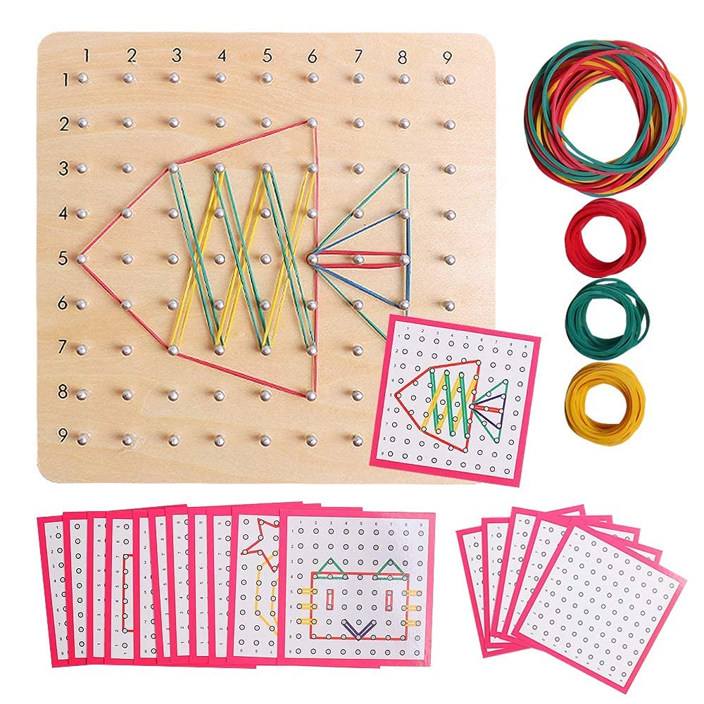 Skrtuan Wooden Geoboard with Pattern Cards & Rubber Bands, Montessori STEM Educational Toy for Kids 3-5 5-8 Years Old, Brain Teaser Puzzle Game for Geometry Learning and Creative Shapes
