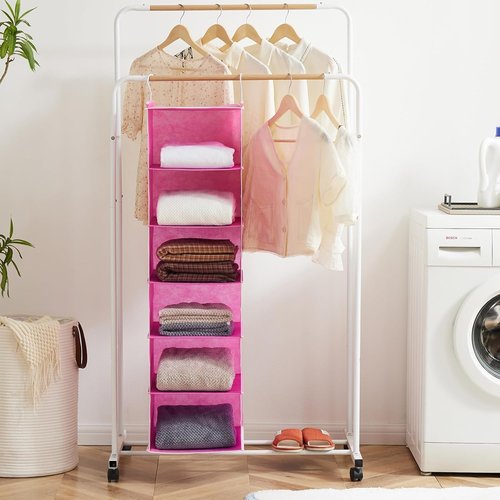 MAX Houser 6-Shelf Hanging Closet Organizer - Space-Saving Storage Solution with 2 Hooks | Foldable Pink Design