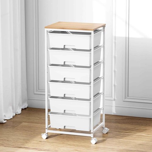 6-Drawer Rolling Storage Cart with Lockable Wheels & Wooden Tabletop, Mobile Utility Organizer Cart for Craft Supplies, Office, Classroom, Bedroom, Living Room, Kids' Room, Gradient White