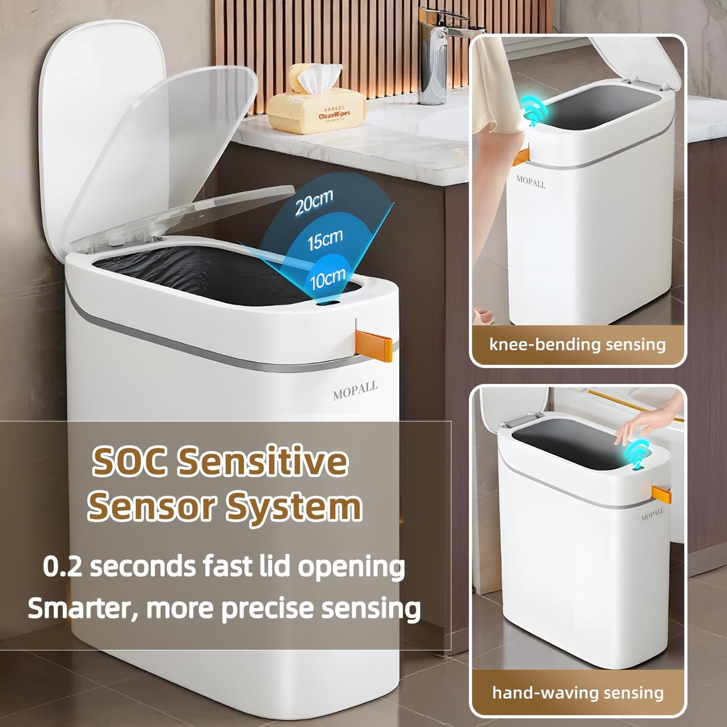 MOPALL Rechargeable Bathroom Trash Can,Motion Sensor Trash Can Automatic Touchless,White 3.5 Gallon Smart Garbage Can with Lid,Auto-Adsorption Slim Small Waste Basket for Bedroom,Bathroom,Kitchen