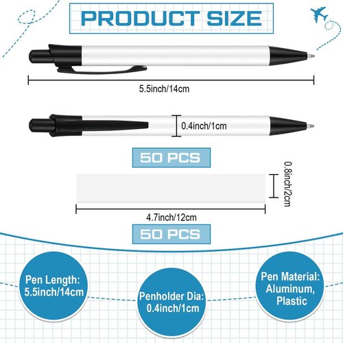 Yexiya Sublimation Pens Blank Heat Transfer Pen Sublimation Ballpoint Pen with Shrink Wrap White Aluminum Customized Clip Pen School Supplies for Christmas Office School Stationery Supplies (50 Sets)