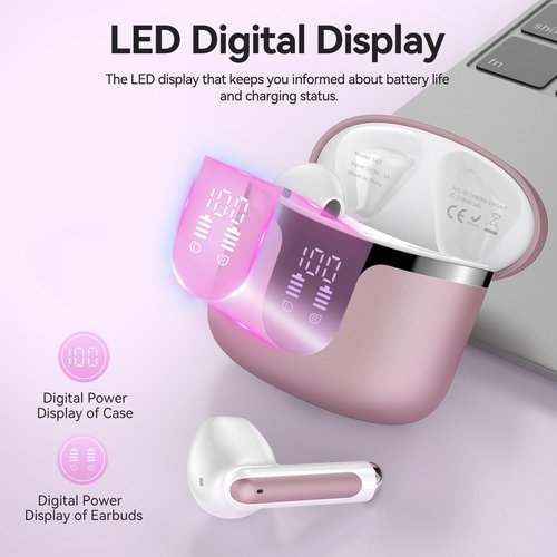 Wireless Earbuds Bluetooth Headphones 5.3 Stereo 50 Hour Playback Ear Buds with LED Display and with 4 ENC Noise Cancelling Mic Wireless Earphones, for Phone, Tablet, Laptop, Sports, Rose Gold