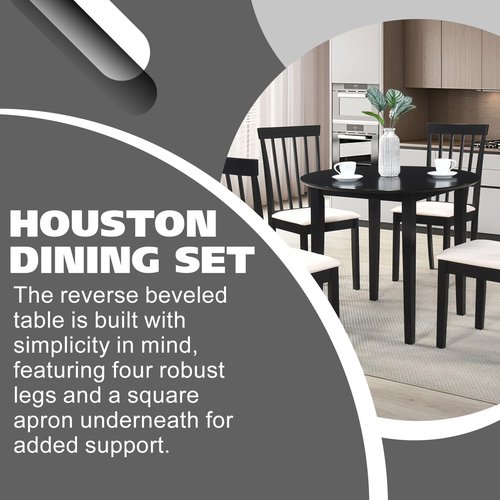 Kings Brand Furniture – 5 Piece Modern Round Wood Dining Set - Dining Room, Kitchen, Dinette Table & 4 Upholstered Chairs (Black)