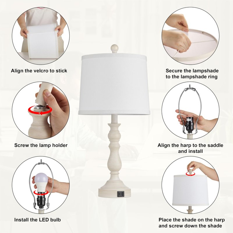 Leasgy 23'' Farmhouse Table Lamps for Living Room Set of 2 with USB C+A Ports, Retro Bedside Lamp for Bedroom, Office, Dining Room, Knob Switch, 3 Color Temperatures, Bulb Included, Beige
