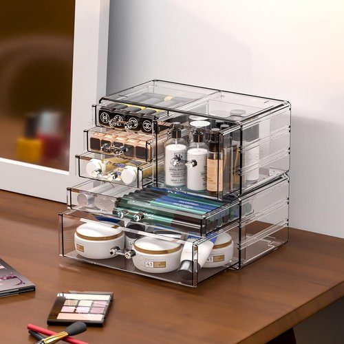 Cq Acrylic Desk Organizer - 2 Pack Clear Stackable Design with 6 Drawers for Skincare & Jewelry Storage