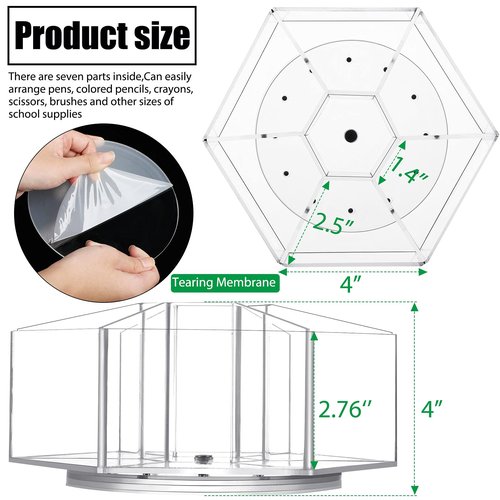 Zonon Acrylic Pen Holder Pencil Organizer 360 Degree Rotating Art Pencil Holder Organizer with 7 Compartments Acrylic Hexagon Pen Cup for Home Office Supplies(Clear)