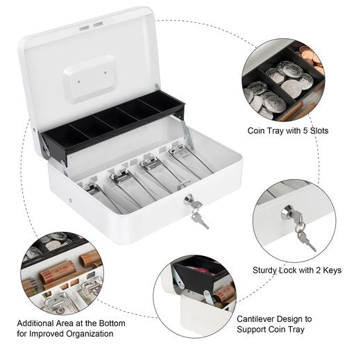 Sumerfnt Cash Box with Lock and Money Tray Money Box for Cash, Metal Lock Box for Money Cash Register - 11.8" x 9.4" x 3.54" White