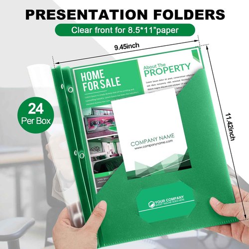 Teling 24 Pcs Clear Report Cover with 3 Prongs, Plastic Report Presentation Folders 90 Sheet Capacity Resume Document Covers for School Office(Green)