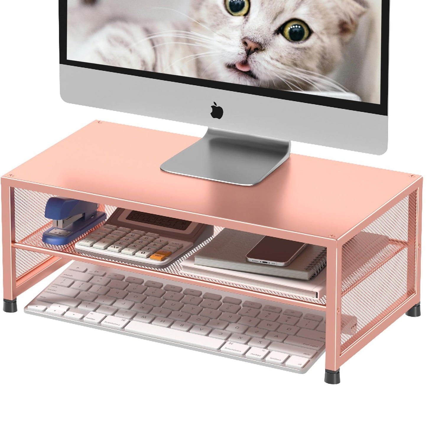 ECOLOVI 2-Tier Computer Monitor Stand Riser, Desk Organizer for Monitor, Printer & Laptop Stand, Desktop Workspace Organizers for Office Supplies(Rose Gold)