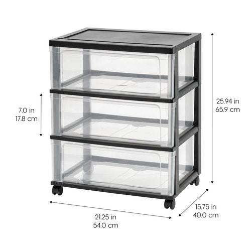 IRIS USA Plastic Drawer Storage Organizer Rolling Cart, with Wheels Casters, 3-Drawers, for Art Craft Supplies Bathroom Dorm Bedroom Laundry Room, Wide, Black