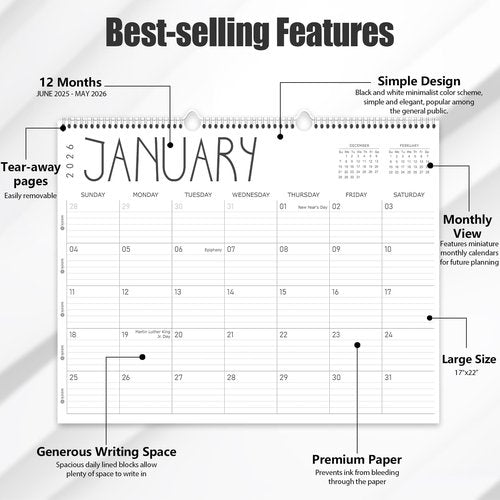 Guasslee Large Wall Calendar 2025-2026, 12 Monthly Calendar from 2025 June-May 2026 Jumbo 22"x17" Hanging Desk/Wall Planner with Spiral Bound for School Home Office Organizing