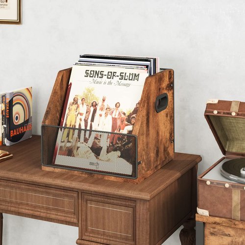 Homeiju Vinyl Record Storage, Record Box Case Crate, Vinyl Record Album Holder, Desktop Metal & Wooden LP Record Crate, Holds up to 60 Records(Patent No.D1024563