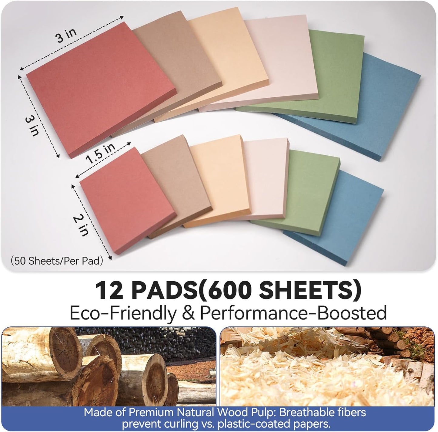 (12 Pack) Sticky Notes 3x3 + 1.5x2 in Small Sticky Note, Self-Sticky Note Pads | Sticks Strong & Removes Clean | Recycled Paper Cute Sticky Notes to School Supplies, Office Products, 6 Colors