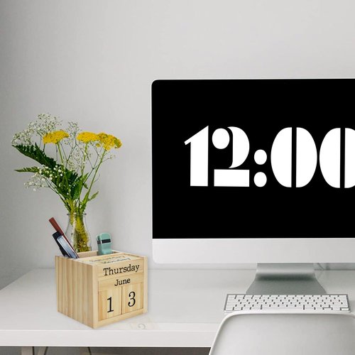 EXQUIDECA Wooden Blocks Perpetual Calendar with Pen Holder - Natural Pine Wood Home Office Desk Organizer -Reusable Date Week Month Accessories Tabletop Ornament