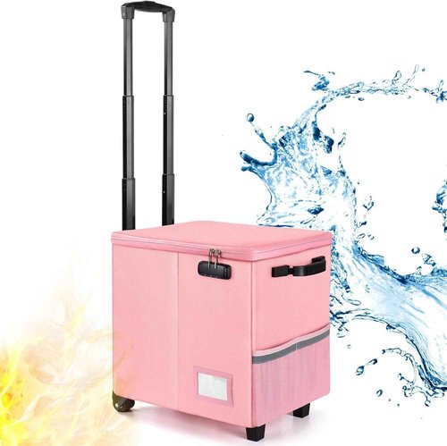 Fireproof File Box with Wheels and Telescopic Handle, Foldable Utility Cart Folding Portable Rolling Crate, Fireproof Document Organizer File Cabinet for Travel Office Use