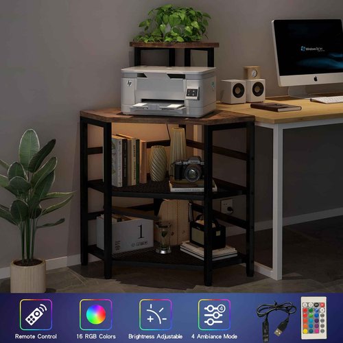 METYERRY Corner Printer Stand Table, with Power Outlet and USB Charging & LED Lights, for Home Printer Stands, Storage Shelf, Computer Tower/CPU Stand Holder for Home Office, Rustic Brown