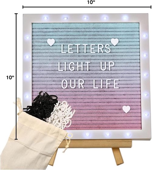 LED Gradient Felt Letter Board Sign with Stand & 470 Letters - 10in × 10in First Day of School Changeable Message Board for Classroom Decor Birthday Gifts Wedding Party