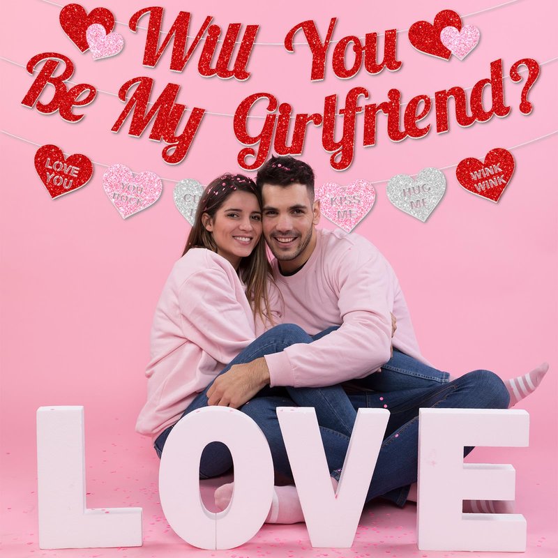Red Glitter 'WILL YOU BE MY GIRLFRIEND' Proposal Banner with Heart-Shaped Cute Love Message Sign for Romantic Special Night Decorations, Engagements, Proposals, and Valentine's Day Party Supplies