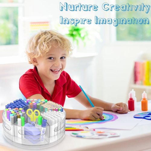 Chemlliy Acrylic Marker Organizer, 360 Degree Rotating Pencil Organizer with 7 Removable Compartments, Clear Crayon Organizers for Kids, Large Pencil Holder Desk for Office Home School
