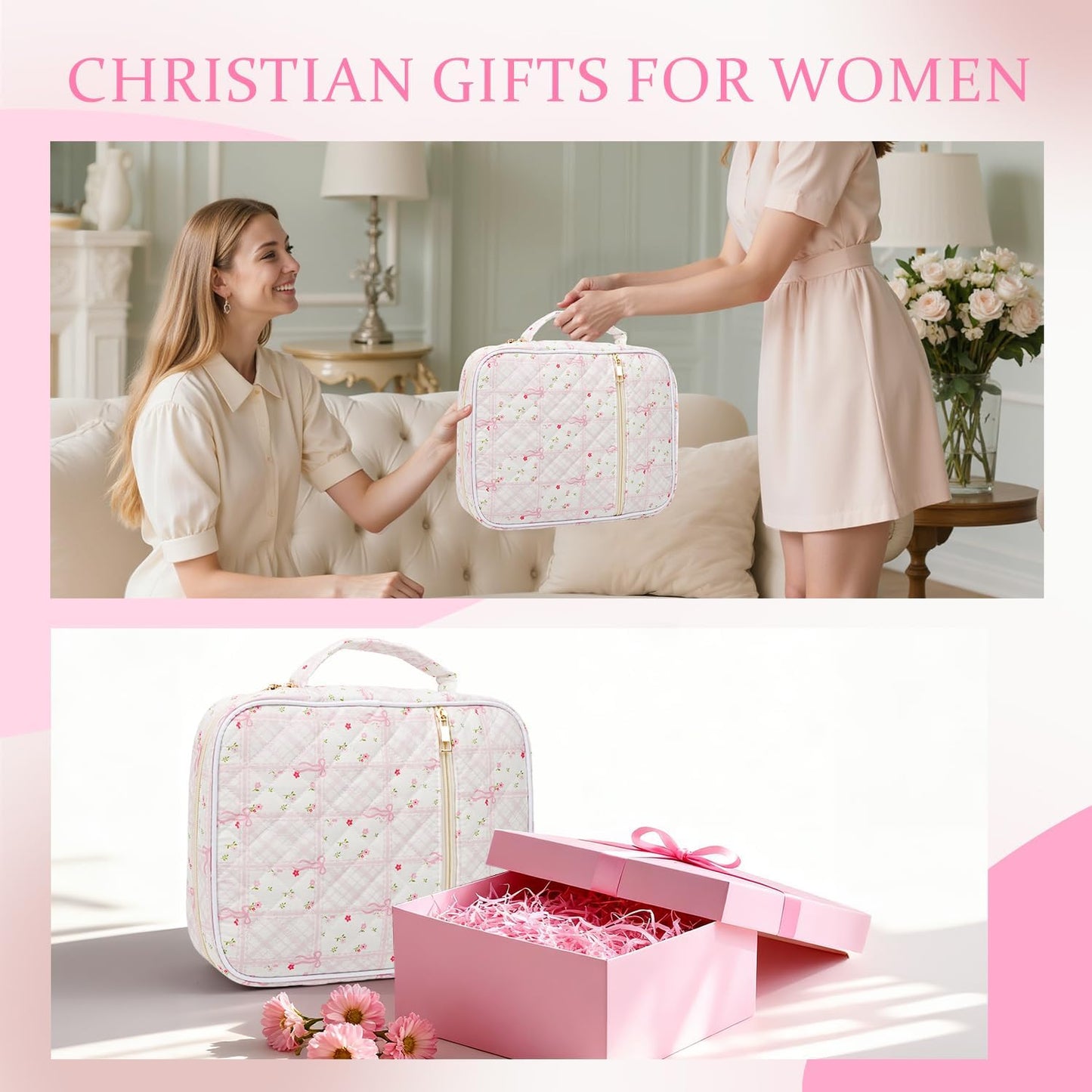 Skiennix Bible Cover Case - Large Quilted Carrying Bag with Handles | Pink Patchwork for Women