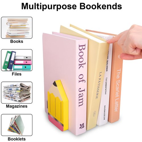 FYSUIMU 4Pcs Back to School Wood Bookends Colorful Pencil Shape Wooden Book Stands Chic Non Skid Book Stoppers for Heavy Books Home School Office Library