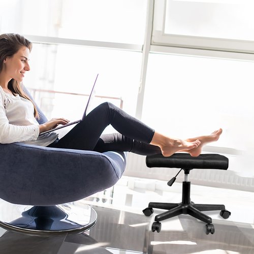 Tall Foot Stool Adjustable Leg Rest Real Leather Footrest with Wheels for Office Desk & Gaming Chairs - Ergonomic Footrest and Office Chair Foot Rest with Thick Padding