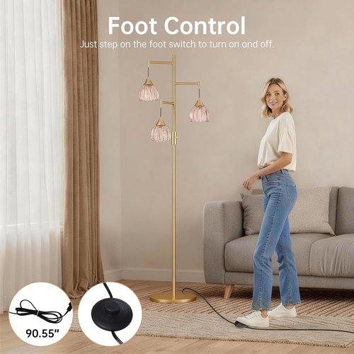 Shenmoyl Vintage Brass Floor Lamp - Stepless Dimming with 3x 6W Bulbs | Elegant Gold Design for Living Room & Nursery (Pink Tulip)