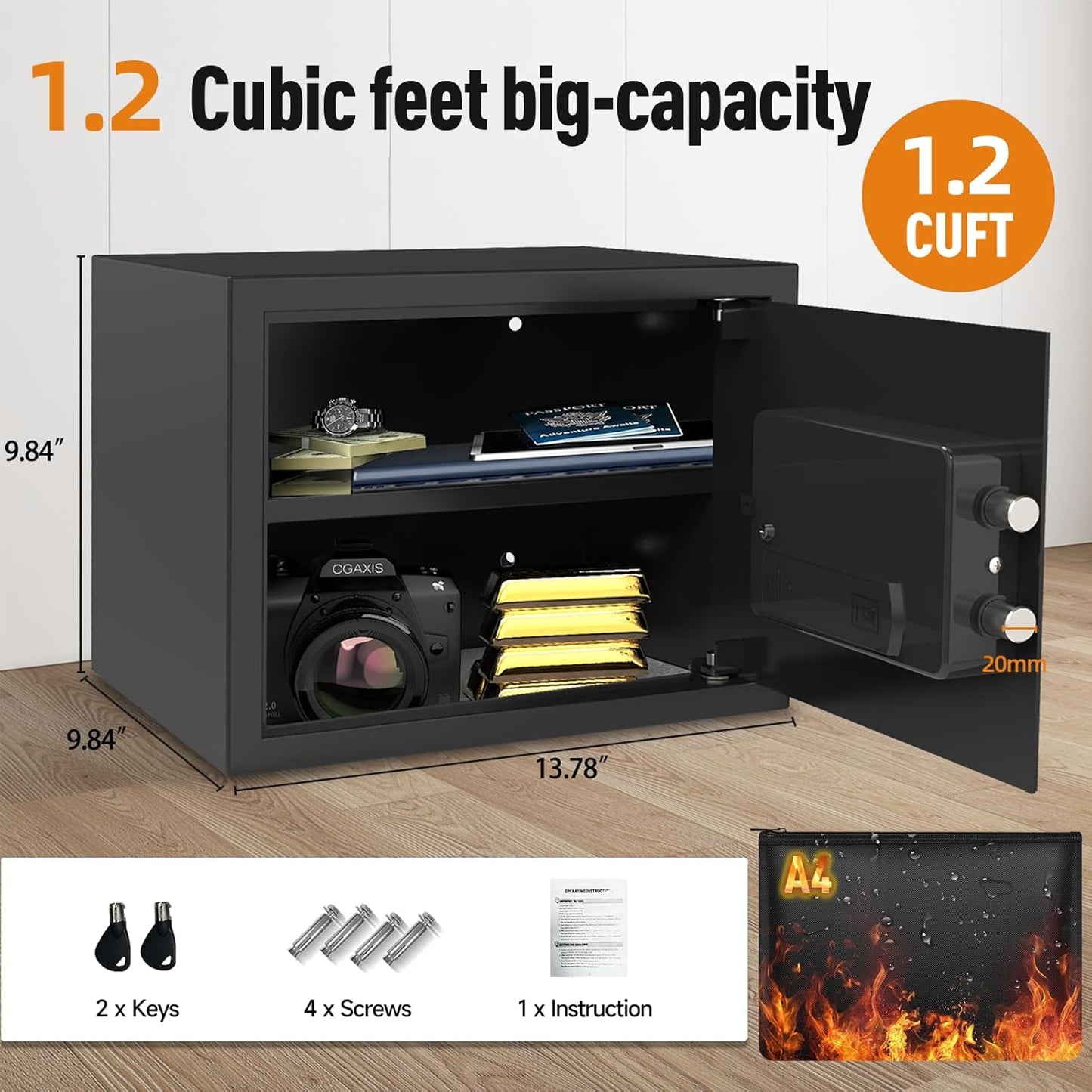 <1.6 cu.ft.>Goldenkey Digital Safe with Electronic Keypad, Document Safe with Removable Shelf, Personal Safes Box Perfect for Guns, Laptop for Home, Office, Hotel, 11.81"D x 14.96"W x 11.81"H