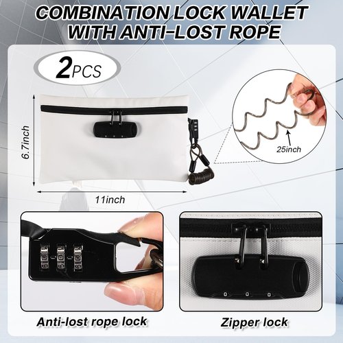 Sanwuta 2 Pack Money Bag with Lock Small Locking Money Bag for Beach Cash Wallet, 6.7 x 11 Inch(Black, White)