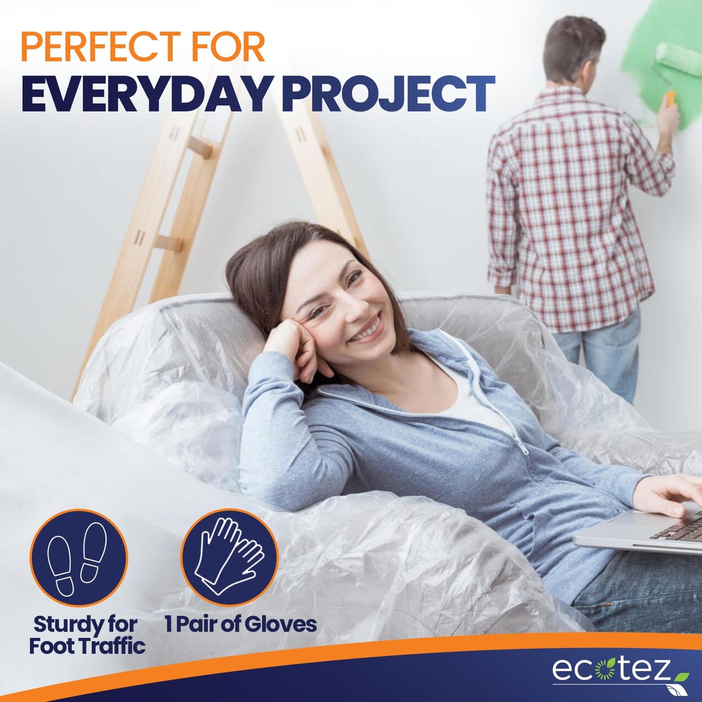 Ecotez 6 Pack 12 x 9 ft Extra Large Plastic Drop Cloth for Painting - Light & Durable Tarp Cover for Furniture - Plastic Clear Tarp Waterproof - Paint Floor Covering - Painters Drop Cloth Sheeting