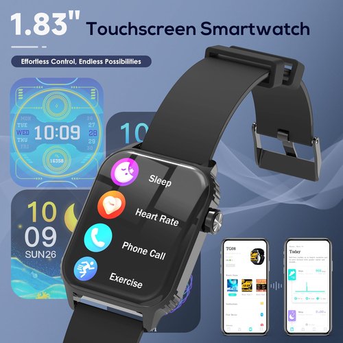 TRAUSI Smart Watch for Men, 1.83" HD Smartwatch with 80 Sports Modes, Heart Rate/Sleep Monitor, IPX5 Waterproof, Bluetooth Call & Music Control for iPhone/Android