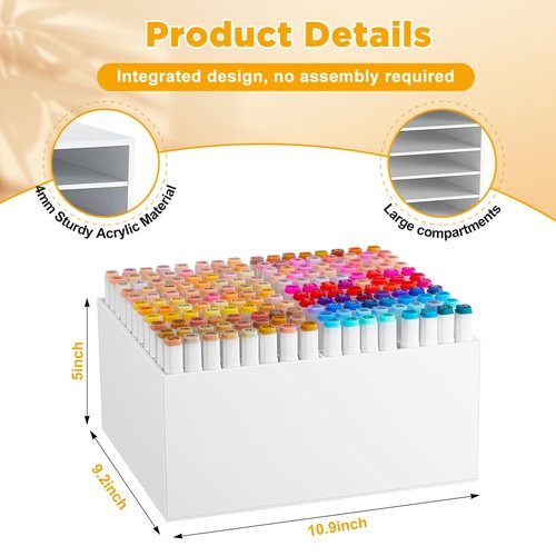 MotiMind Acrylic Marker Organizer for 176 Marker, Large Art Pencil Holder Storage Rack for Desk, Pens Art Brushes Display Stand with 22 Compartments for Desktop, Office (White, 176 Capacity)