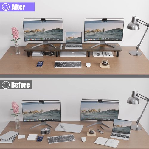 WEGASTU Dual Monitor Stand - 43.7 inch Extra Long Wide TV Stand - Wood & Steel Leg Desktop Riser - Desk Organization - Home Office (Vintage)