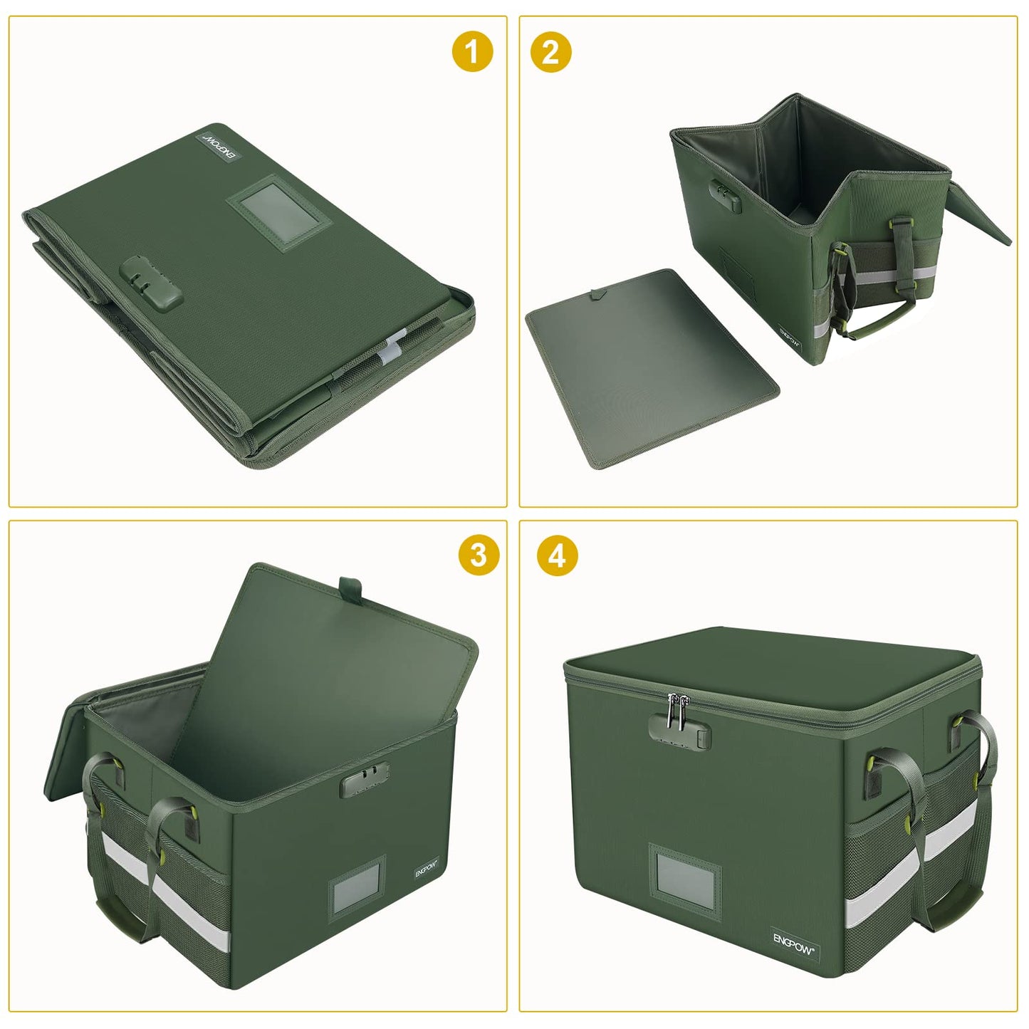 ENGPOW File Box with Lock, Fireproof Document Box with Pockets, Collapsible File Organizer Filing Storage Cabinet with Handle, Portable Home Office Safe for Hanging Letter/Legal Folders,Green,2 Pack
