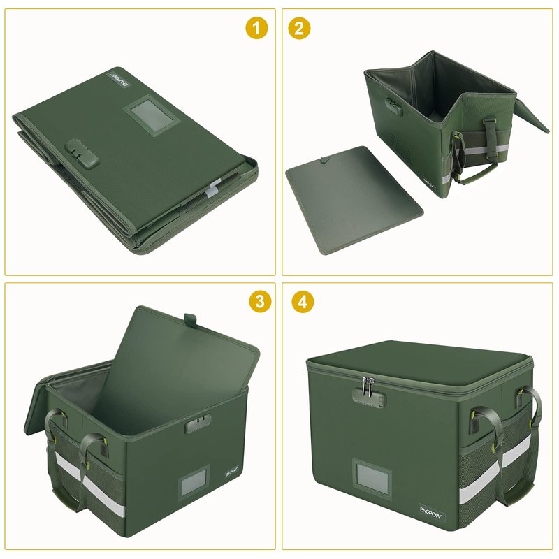ENGPOW File Box with Lock, Fireproof Document Box with Pockets, Collapsible File Organizer Filing Storage Cabinet with Handle, Portable Home Office Safe for Hanging Letter/Legal Folders,Green,2 Pack