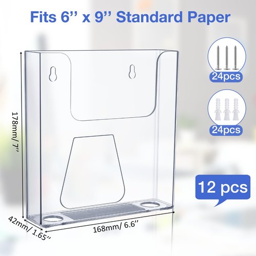 Wonderjune 12 Pack Brochure Holder Wall Mount 6 x 9 Inches Acrylic Literature Brochure Holder Clear Flyer Wall Display Stand for Pamphlet Magazine Booklets Mail Paper Document Post