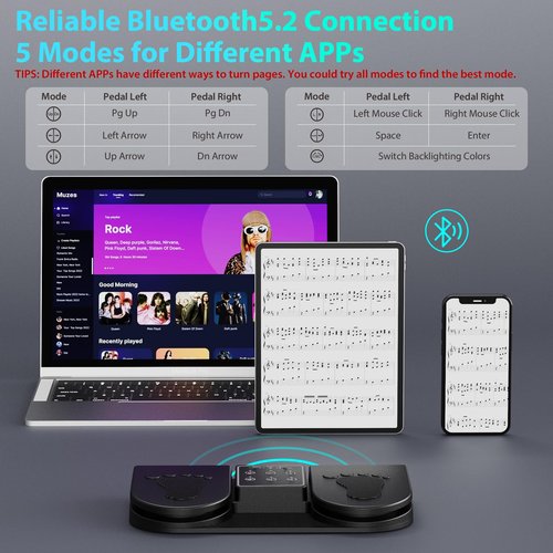 Doohoeek Backlit Page Turner Pedal Wireless for iPads Tablets Phones, Rechargeable Universal Foot Pedal with 7-Color Backlit & Sensitive Pedals for Playing Instruments or Prompting