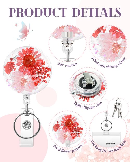 KJQJLY 3 Pcs Cute Flower Badge Reels Retractable for Nurse, Dried Floral Resin Badge Holder with Key Ring, Decorative Nursing Badge Clip for Women Doctor Teacher ID Card(Round 1)