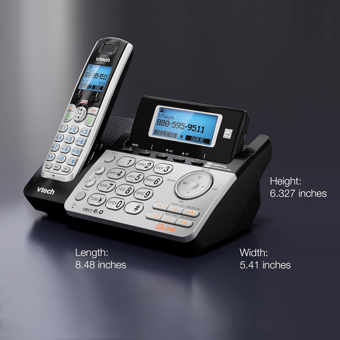 VTech 2-Line Cordless Phone - Home & Business Use with Answering System | Caller ID, Intercom, Hearing Aid Compatible (Black/Silver)