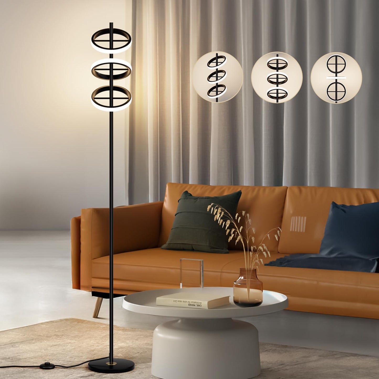 FIGDIFOR Modern LED Floor Lamp - Adjustable 3 Saturn Rings-Contemporary Tall Standing Lamp for Living Room & Office Bedroom Reading-Black
