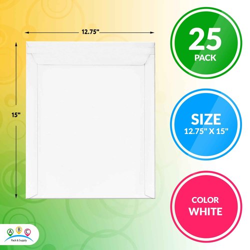 ABC Rigid Mailers, 12.75 x 15 inch. Pack of 25 White Self-Sealing Cardboard Envelopes. 550 GSM Stay Flat Photo Shipping Cardboard Mailer Envelope. Stay Flat Mailers for CD, Photos, Documents