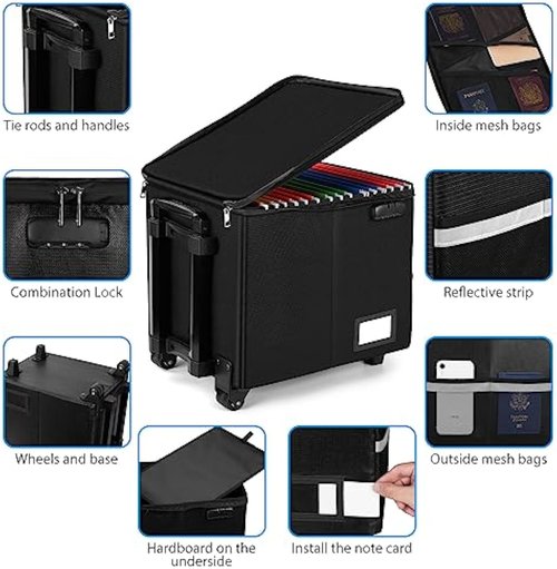 Fireproof File Box with Wheels and Telescopic Handle, Foldable Utility Cart Folding Portable Rolling Crate, Fireproof Document Organizer File Cabinet for Travel Office Use