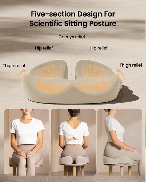ProtoArc Seat Cushion, Office Chair Cushion for Sciatica, Coccyx Cushion, Ergonomic Memory Foam Seat Cushion for Car, Home, Pressure Relief Pad for Hip, Tailbone, All Day Comfort - Beige