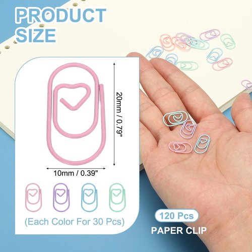 PATIKIL 120pcs Paper Clip, 20mm Mini Heart Paper Clip Cute Metal Clips Rust-Proof Strong Durable Bulk for Office, 4 Color