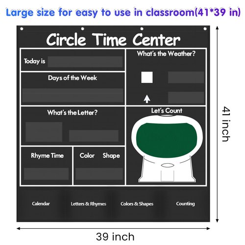 Auchq Circle Time Learning Center Pocket Chart, Heavy-Duty Kids Calendar for Classroom, Educational Pocket Chart Learning Calendar Weather Letter Counting Rhyme Color Shape(Black)