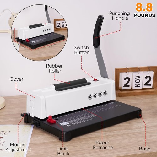Epoium Spiral Coil Binding Machine, Homeschool 46-Hole Puncher Spiral Binder with Electric Coil Inserter, Professional & Customizable Binding for Office Business School Home Binding, White