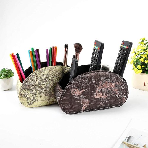 LINKWELL Remote Control Holder, Spacious Decorative PU Leather Makeup Organizer with 5 Compartments, Table Decor Storage Remote Caddy for TV, DVD, Blu-Ray, Office Supplies World Map Black PH56