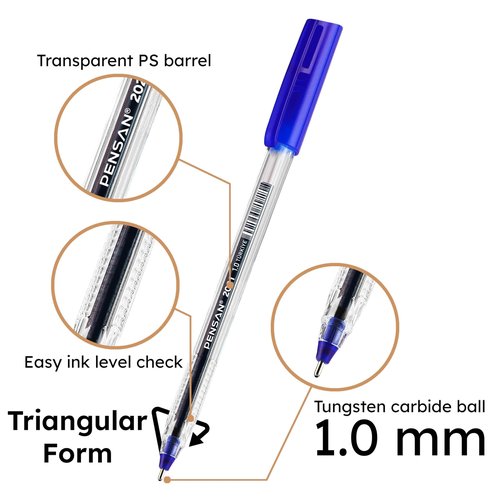 PENSAN Blue Ballpoint Pens,1.0 mm Medium Point, Blue Pens, Ergonomic Triangle Grip, Smooth Writing, 300-Count Pack of Bulk Pens