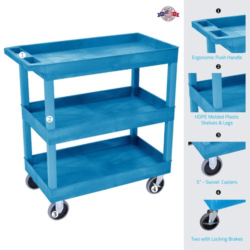 Luxor Three Shelf Heavy Duty High Capacity Tub Cart with Handle - 18"D x 35.25"W x 37.25"H, Plastic, Blue